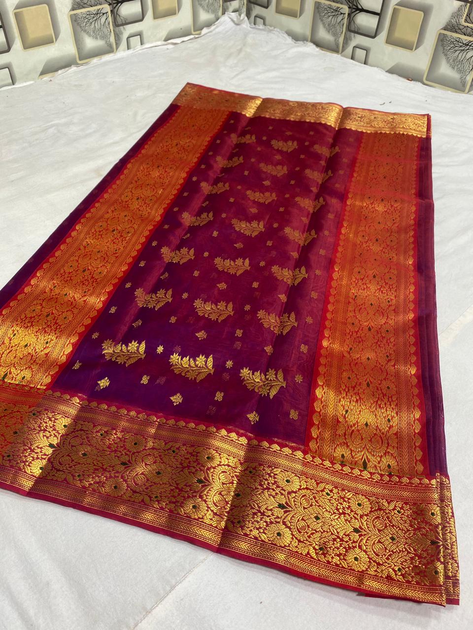 Handwoven Melanzane Color Organza Chanderi Katan Silk Saree - Authentic Chanderi silk sarees Chanderi Saree - View 2