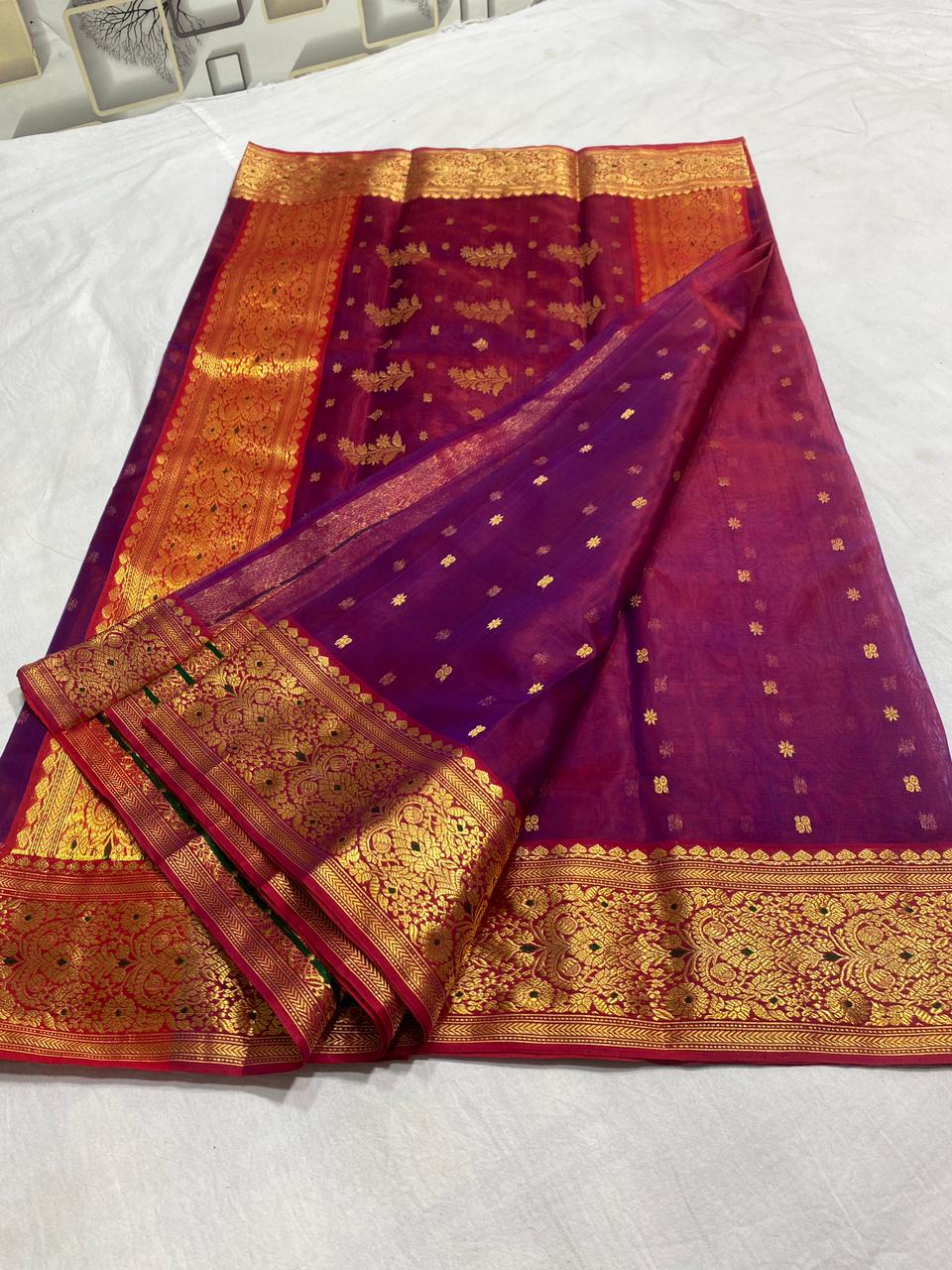 Handwoven Melanzane Color Organza Chanderi Katan Silk Saree - Authentic Chanderi silk sarees Chanderi Saree - View 3