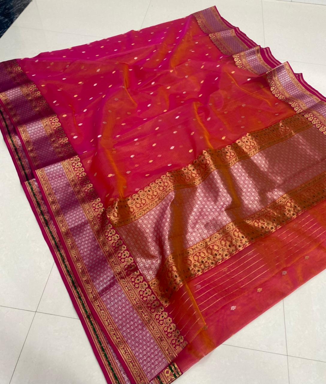 Handwoven Red Mexican Red Color Organza Chanderi Katan Silk Saree - Authentic Chanderi silk sarees Chanderi Saree