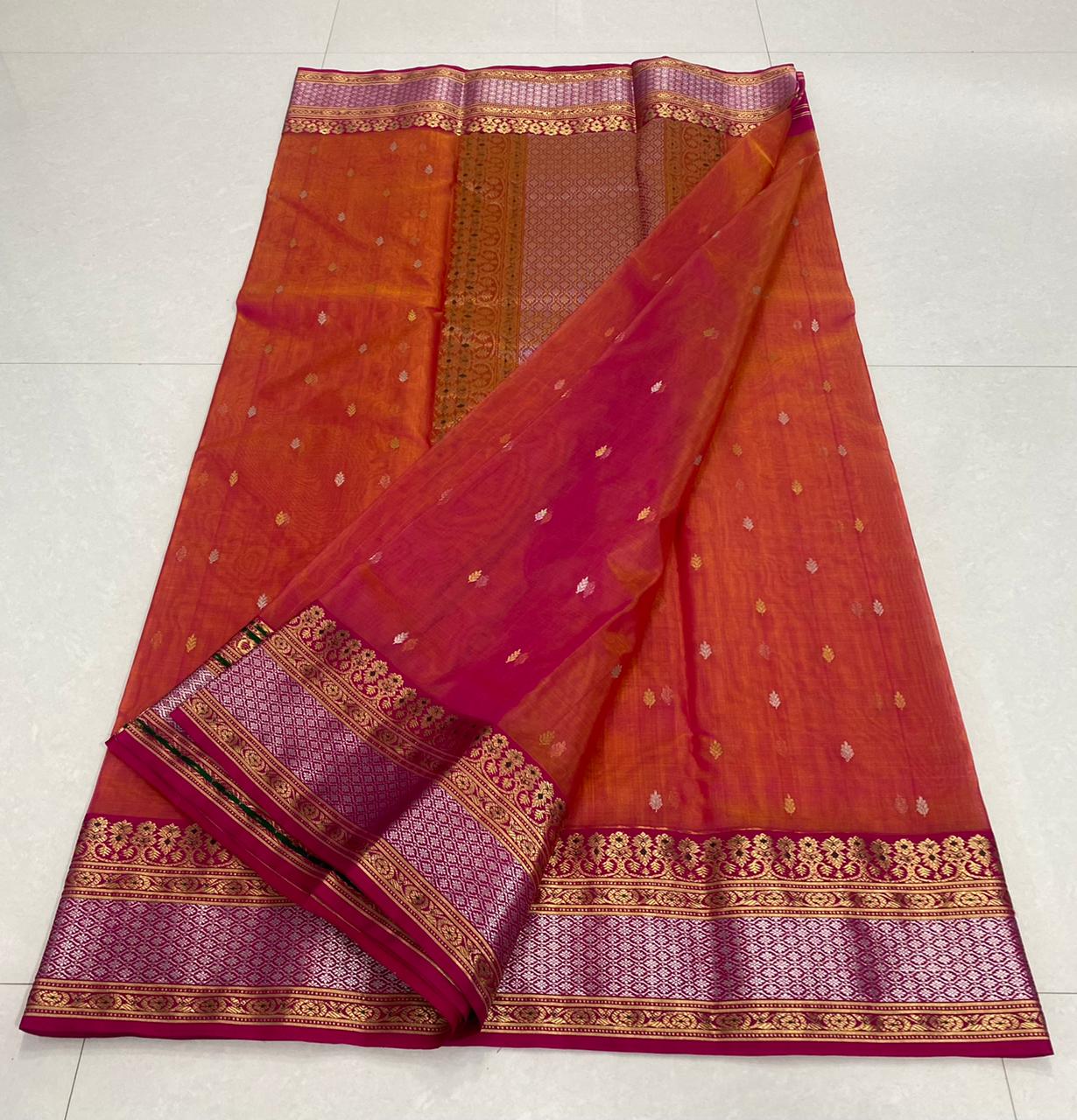 Handwoven Red Mexican Red Color Organza Chanderi Katan Silk Saree - Authentic Chanderi silk sarees Chanderi Saree - View 2
