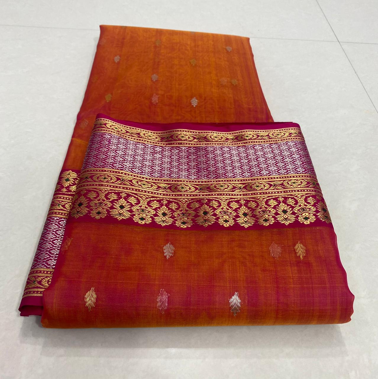 Handwoven Red Mexican Red Color Organza Chanderi Katan Silk Saree - Authentic Chanderi silk sarees Chanderi Saree - View 3