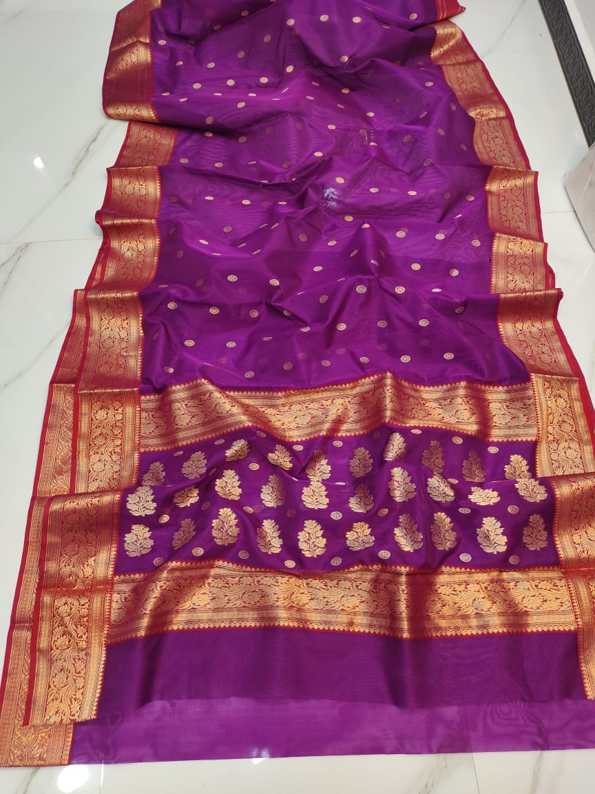 Handwoven Midnight Pearl Color Organza Chanderi Katan Silk Saree - Authentic Chanderi silk sarees Chanderi Saree
