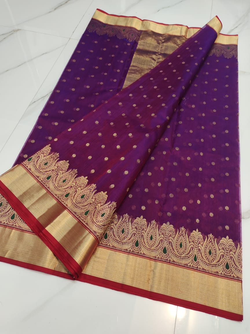 Handwoven Midnight Pearl Color Organza Chanderi Katan Silk Saree - Authentic Chanderi silk sarees Chanderi Saree - View 1