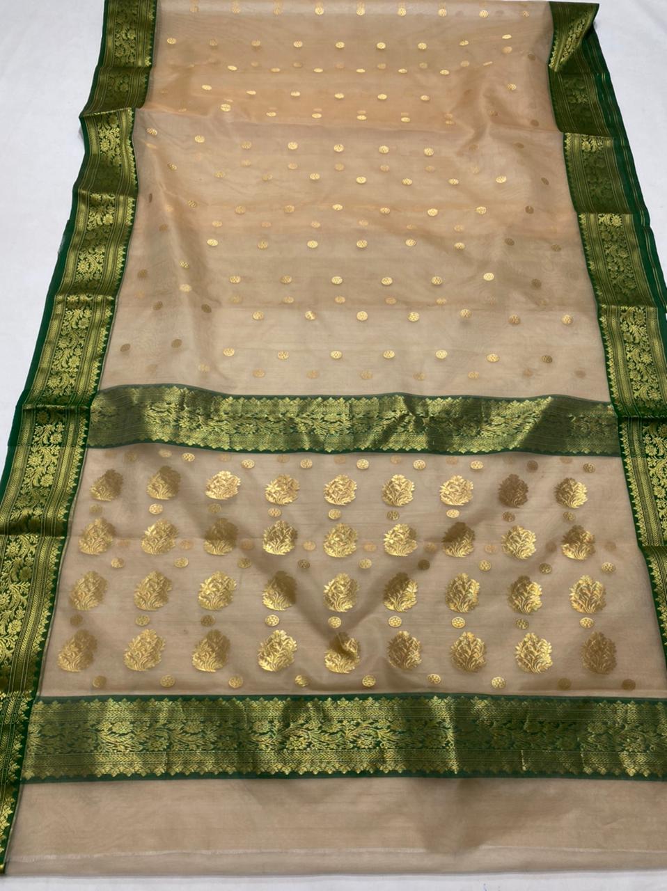 Handwoven Misty Moss Color Organza Chanderi Katan Silk Saree - Authentic Chanderi silk sarees Chanderi Saree - View 1