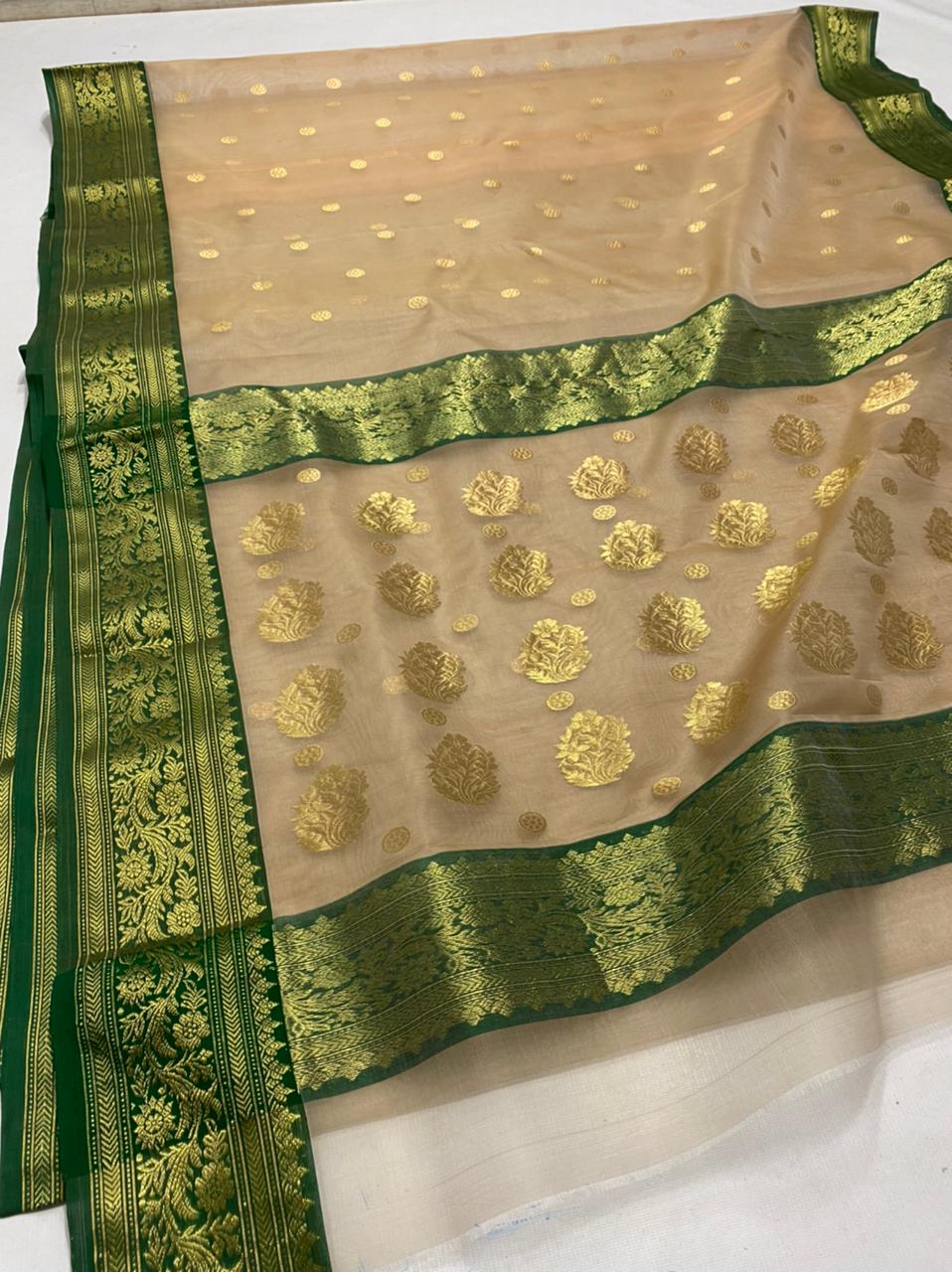 Handwoven Misty Moss Color Organza Chanderi Katan Silk Saree - Authentic Chanderi silk sarees Chanderi Saree - View 2