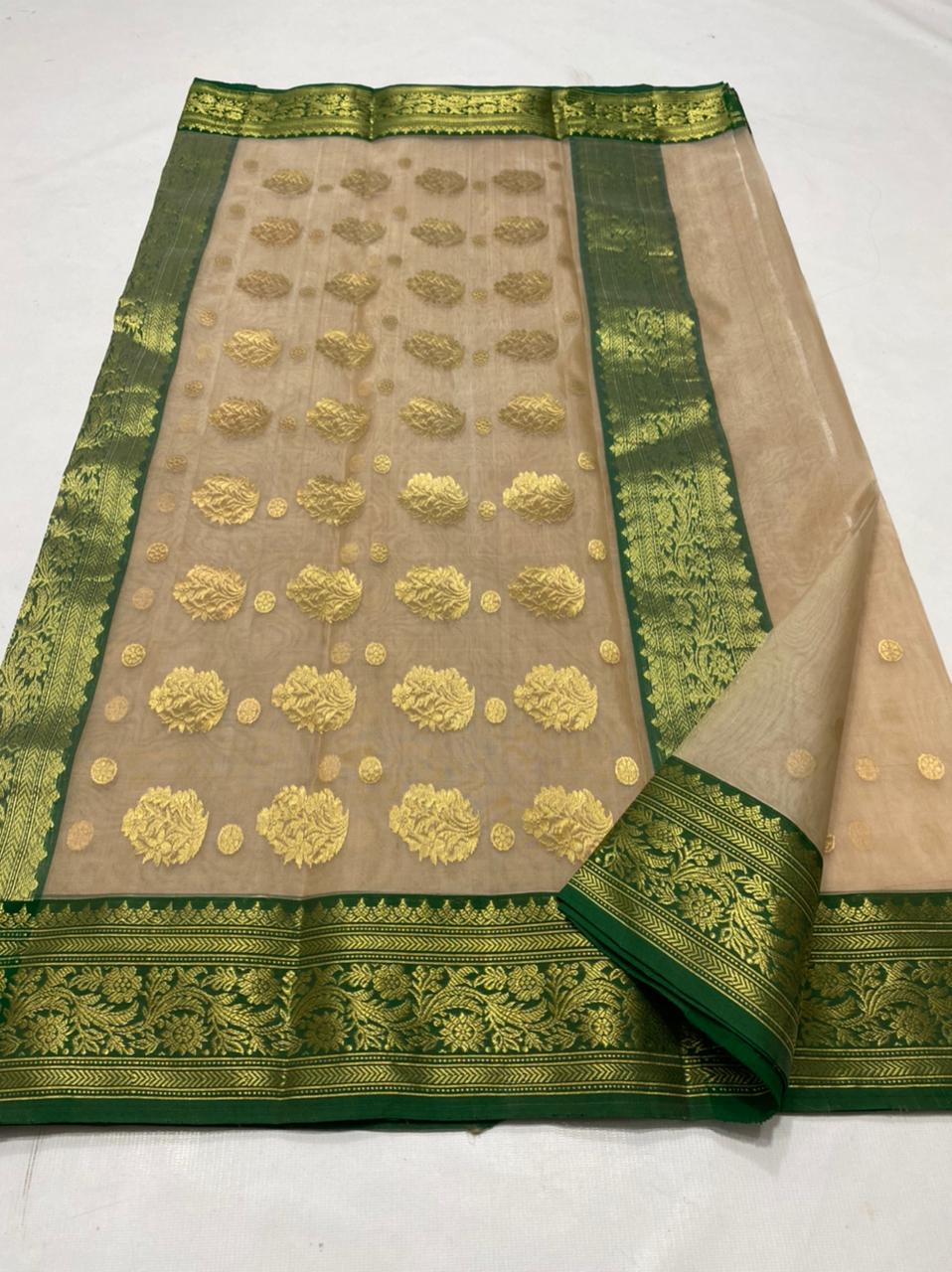 Handwoven Misty Moss Color Organza Chanderi Katan Silk Saree - Authentic Chanderi silk sarees Chanderi Saree - View 3