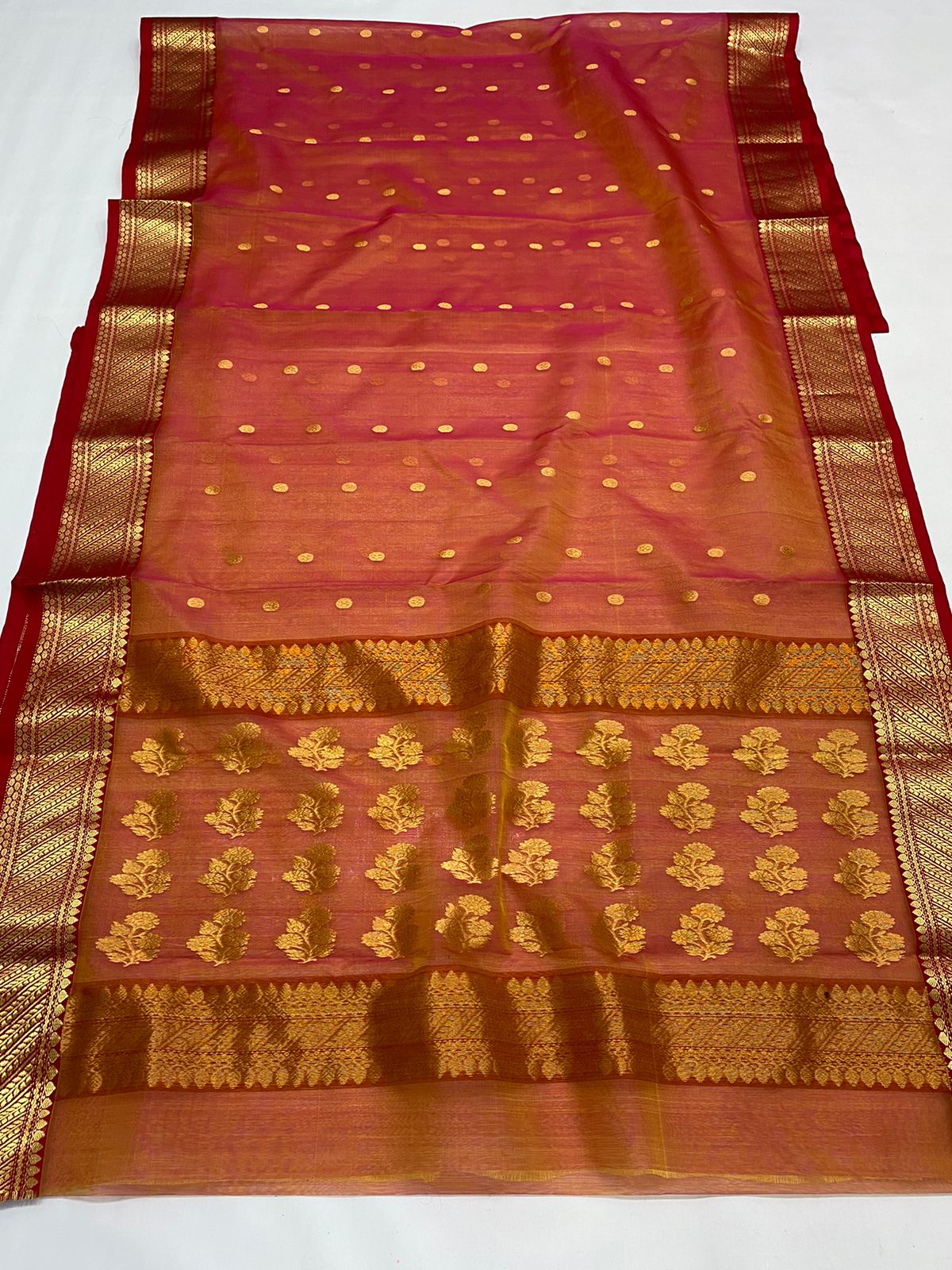 Handwoven Mojo Color Organza Chanderi Katan Silk Saree - Authentic Chanderi silk sarees Chanderi Saree