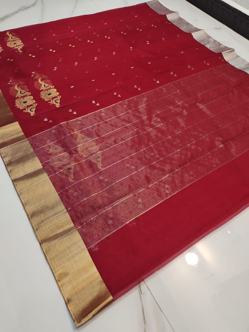 Handwoven Monarch Color Organza Chanderi Katan Silk Saree - Authentic Chanderi silk sarees Chanderi Saree