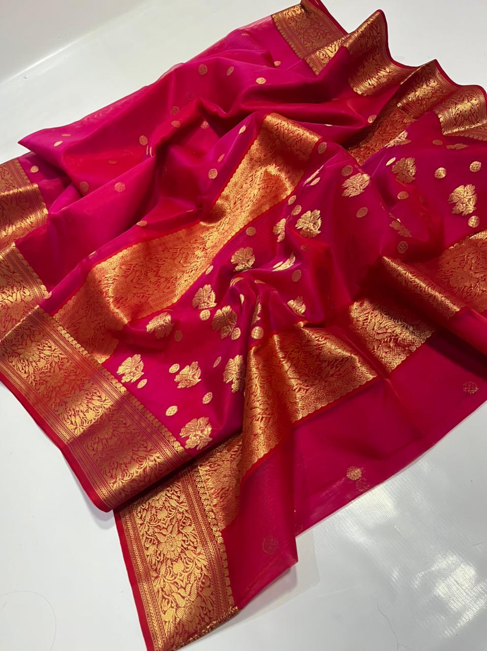 Handwoven Monza Color Organza Chanderi Katan Silk Saree - Authentic Chanderi silk sarees Chanderi Saree - View 1