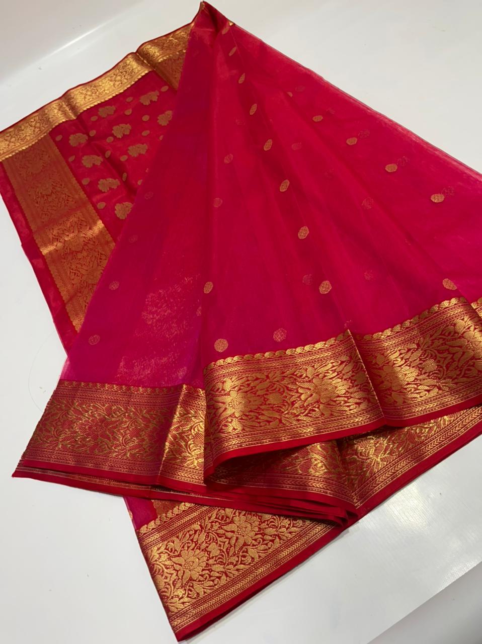 Handwoven Monza Color Organza Chanderi Katan Silk Saree - Authentic Chanderi silk sarees Chanderi Saree - View 3