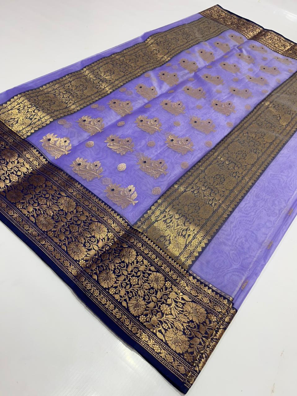 Handwoven Blue Moody Blue Color Organza Chanderi Katan Silk Saree - Authentic Chanderi silk sarees Chanderi Saree - View 1