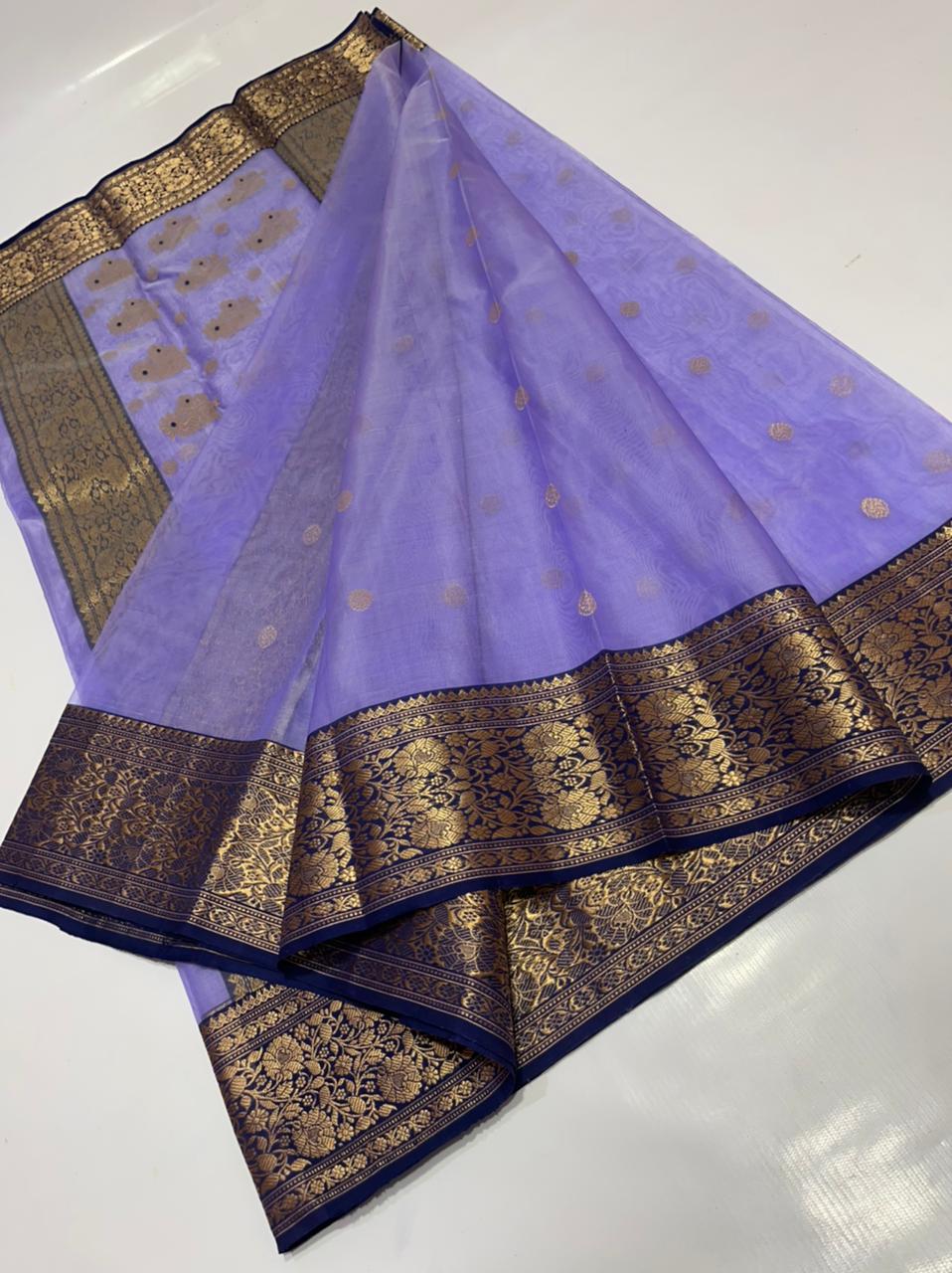 Handwoven Blue Moody Blue Color Organza Chanderi Katan Silk Saree - Authentic Chanderi silk sarees Chanderi Saree - View 2