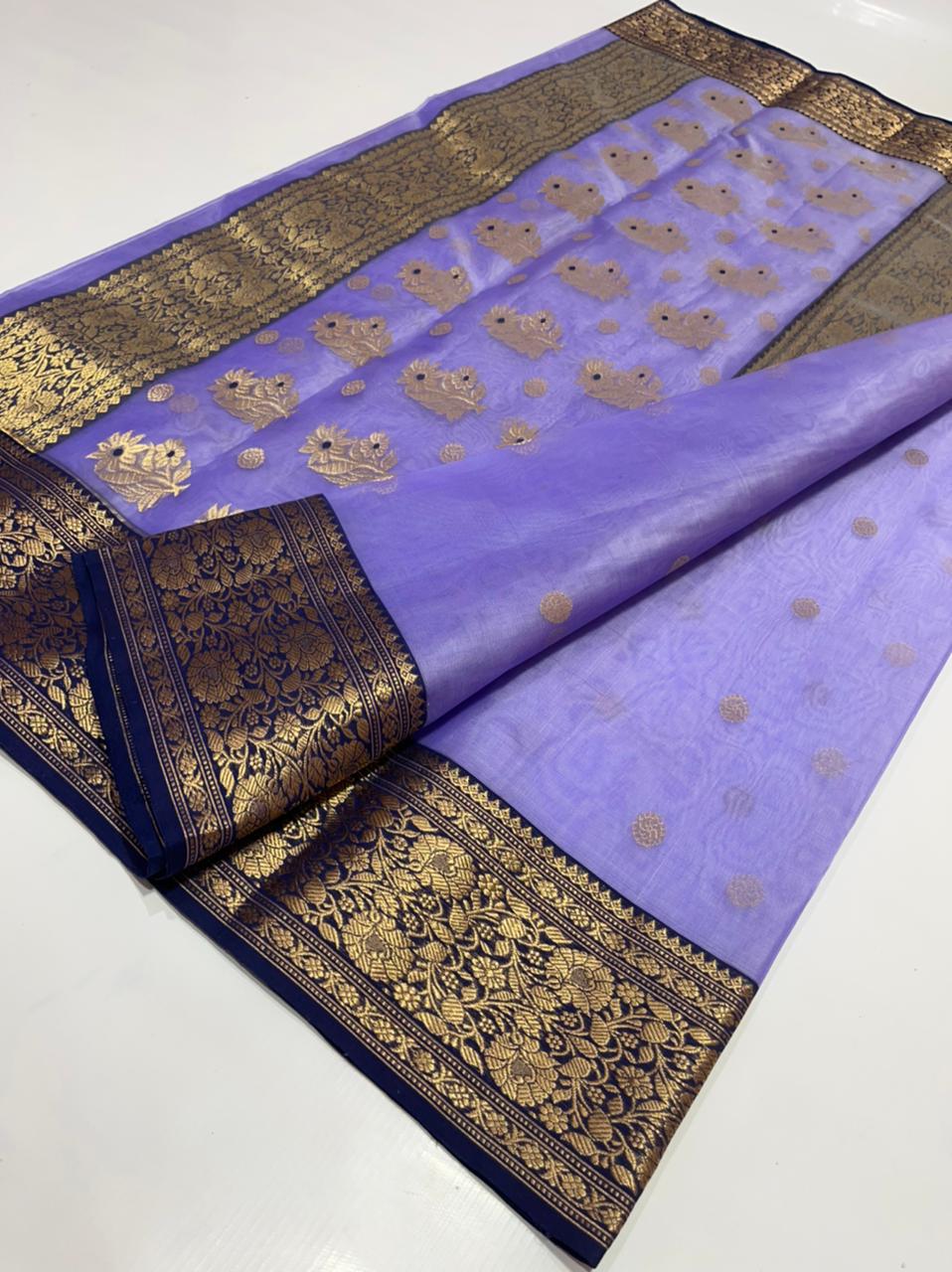 Handwoven Blue Moody Blue Color Organza Chanderi Katan Silk Saree - Authentic Chanderi silk sarees Chanderi Saree - View 3