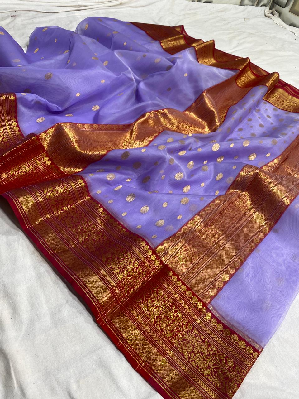 Handwoven Blue Moody Blue Color Organza Chanderi Katan Silk Saree - Authentic Chanderi silk sarees Chanderi Saree - View 1