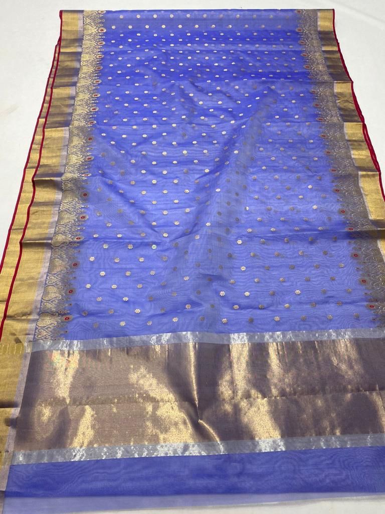 Handwoven Blue Moody Blue Color Organza Chanderi Katan Silk Saree - Authentic Chanderi silk sarees Chanderi Saree