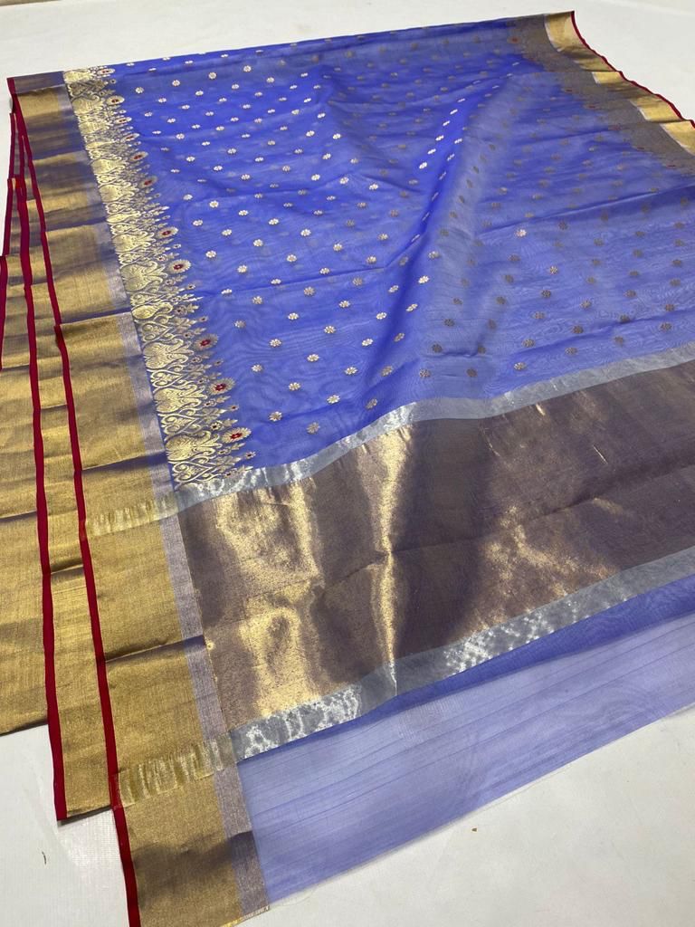 Handwoven Blue Moody Blue Color Organza Chanderi Katan Silk Saree - Authentic Chanderi silk sarees Chanderi Saree - View 2