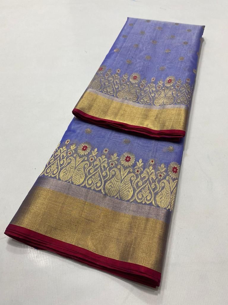 Handwoven Blue Moody Blue Color Organza Chanderi Katan Silk Saree - Authentic Chanderi silk sarees Chanderi Saree - View 3