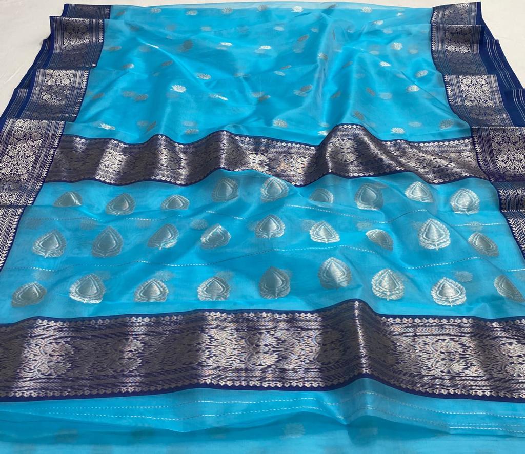 Handwoven Moonstone Color Organza Chanderi Katan Silk Saree - Authentic Chanderi silk sarees Chanderi Saree