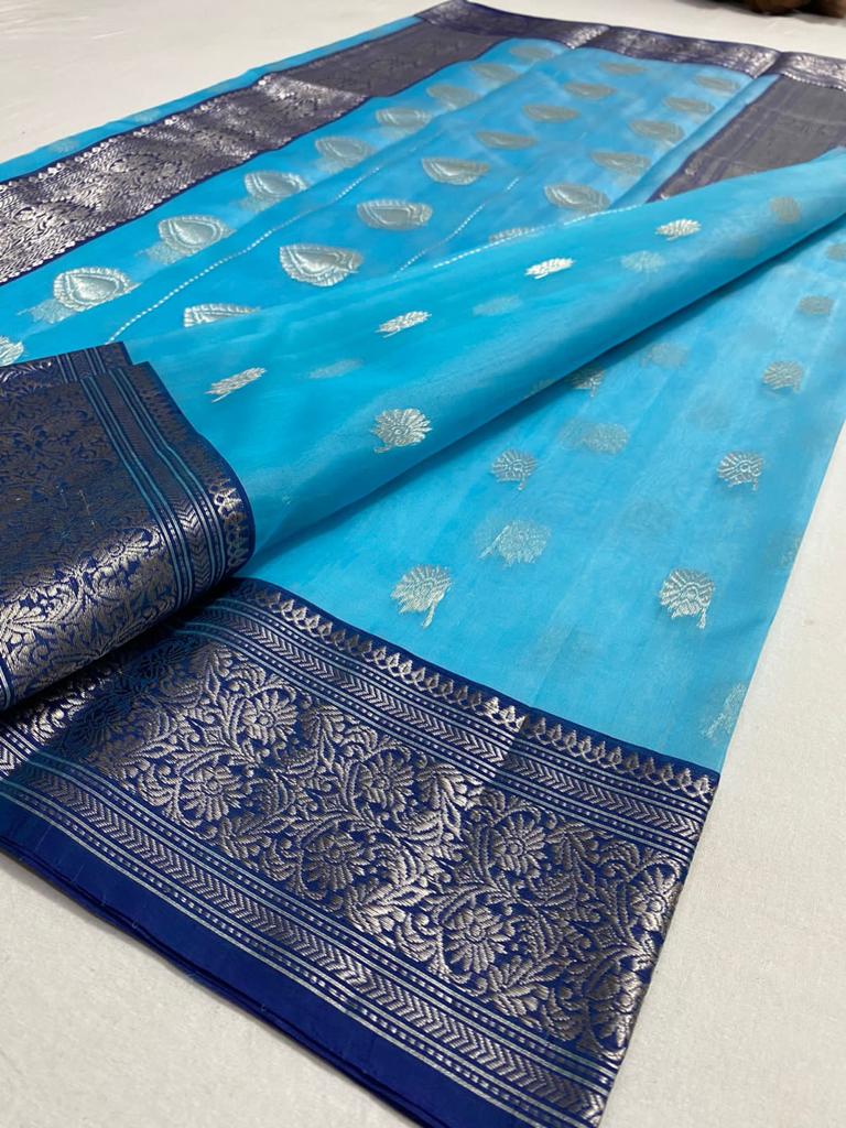 Handwoven Moonstone Color Organza Chanderi Katan Silk Saree - Authentic Chanderi silk sarees Chanderi Saree - View 2