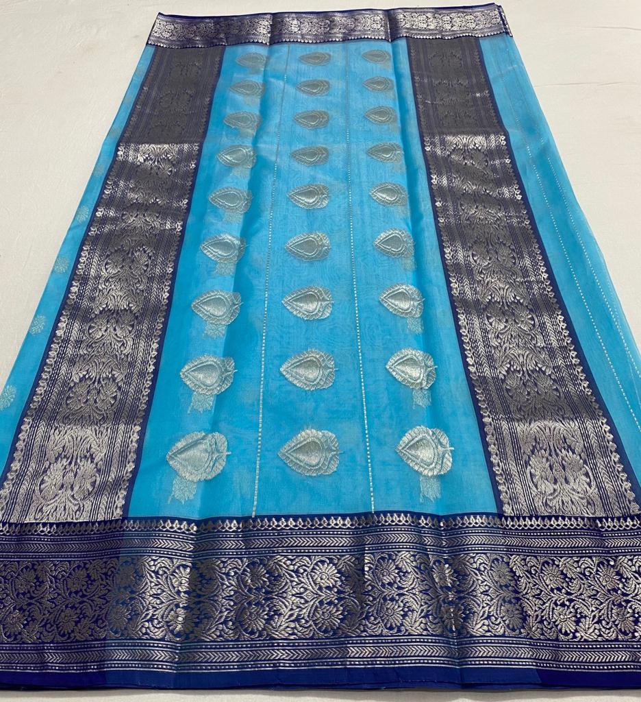 Handwoven Moonstone Color Organza Chanderi Katan Silk Saree - Authentic Chanderi silk sarees Chanderi Saree - View 3