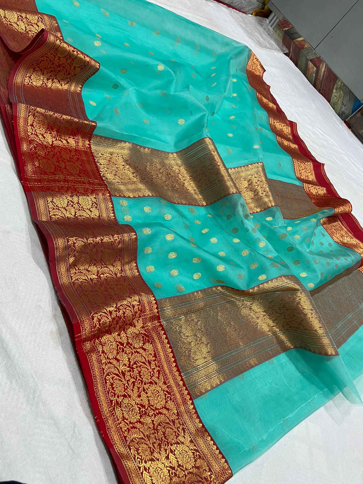 Handwoven Mountain Meadow Color Organza Chanderi Katan Silk Saree - Authentic Chanderi silk sarees Chanderi Saree - View 2