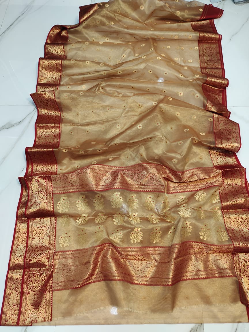 Handwoven Muesli Color Chanderi Silk Tissue Saree - Authentic Tissue Chanderi Saree