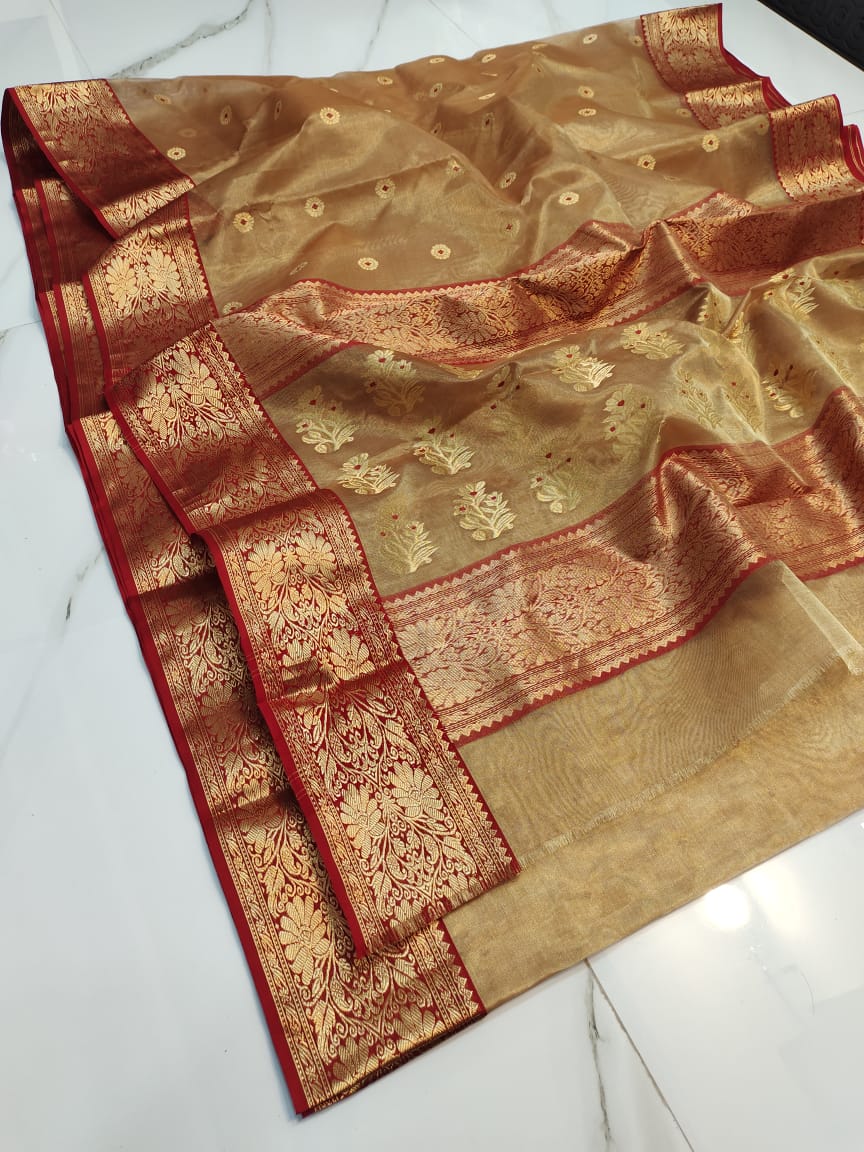Handwoven Muesli Color Chanderi Silk Tissue Saree - Authentic Tissue Chanderi Saree - View 2
