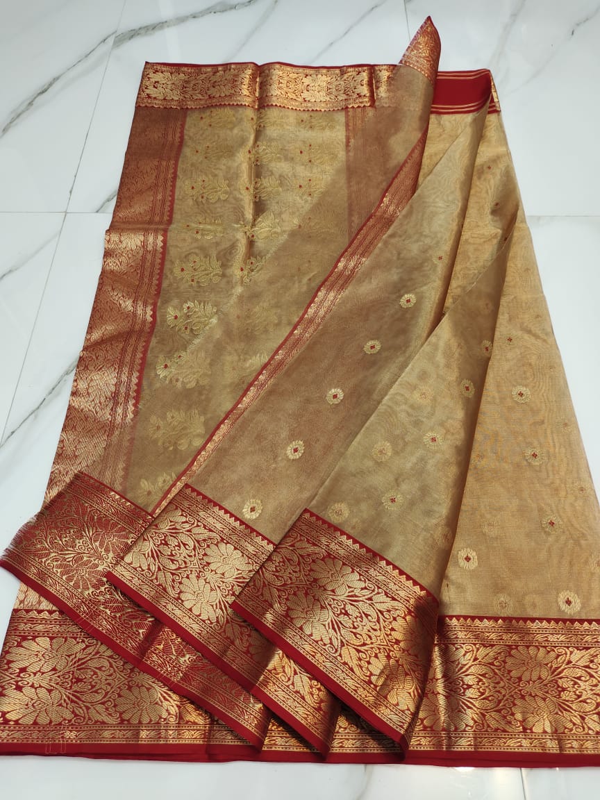 Handwoven Muesli Color Chanderi Silk Tissue Saree - Authentic Tissue Chanderi Saree - View 3