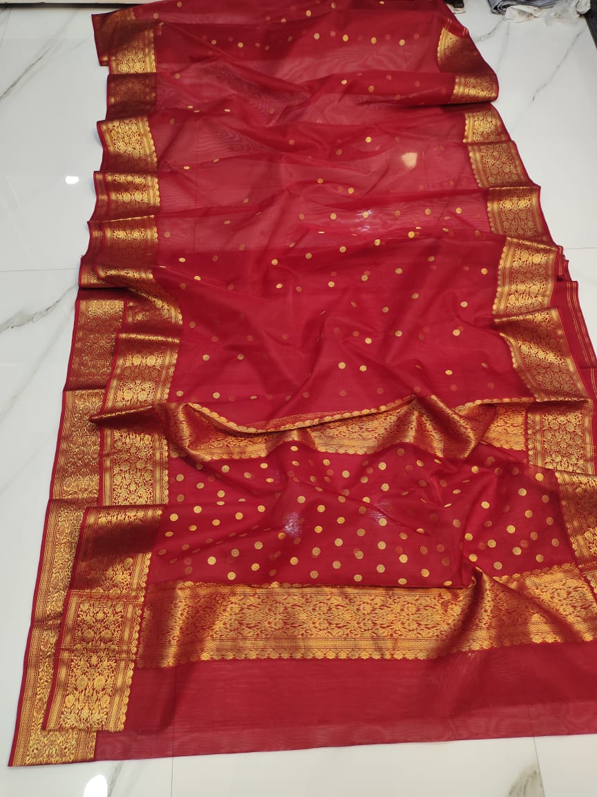 Handwoven Old Brick Color Organza Chanderi Katan Silk Saree - Authentic Chanderi silk sarees Chanderi Saree