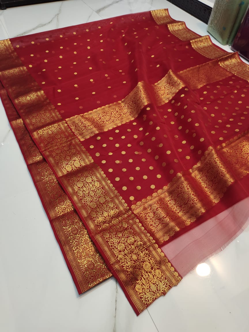 Handwoven Old Brick Color Organza Chanderi Katan Silk Saree - Authentic Chanderi silk sarees Chanderi Saree - View 2