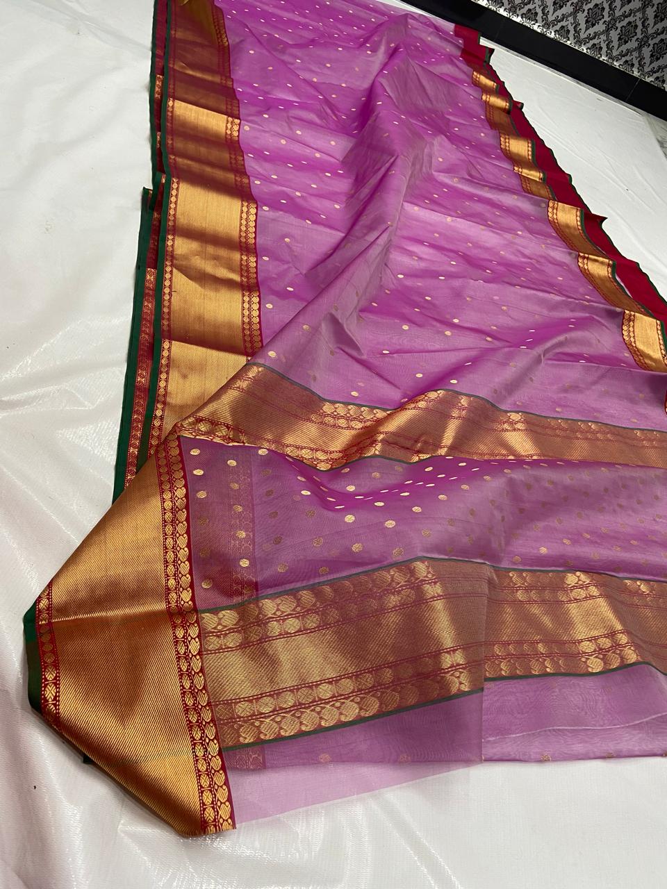 Orchid Pink with Gold Zari Buti Organza Chanderi Katan Silk Saree - Handloom Chanderi Saree