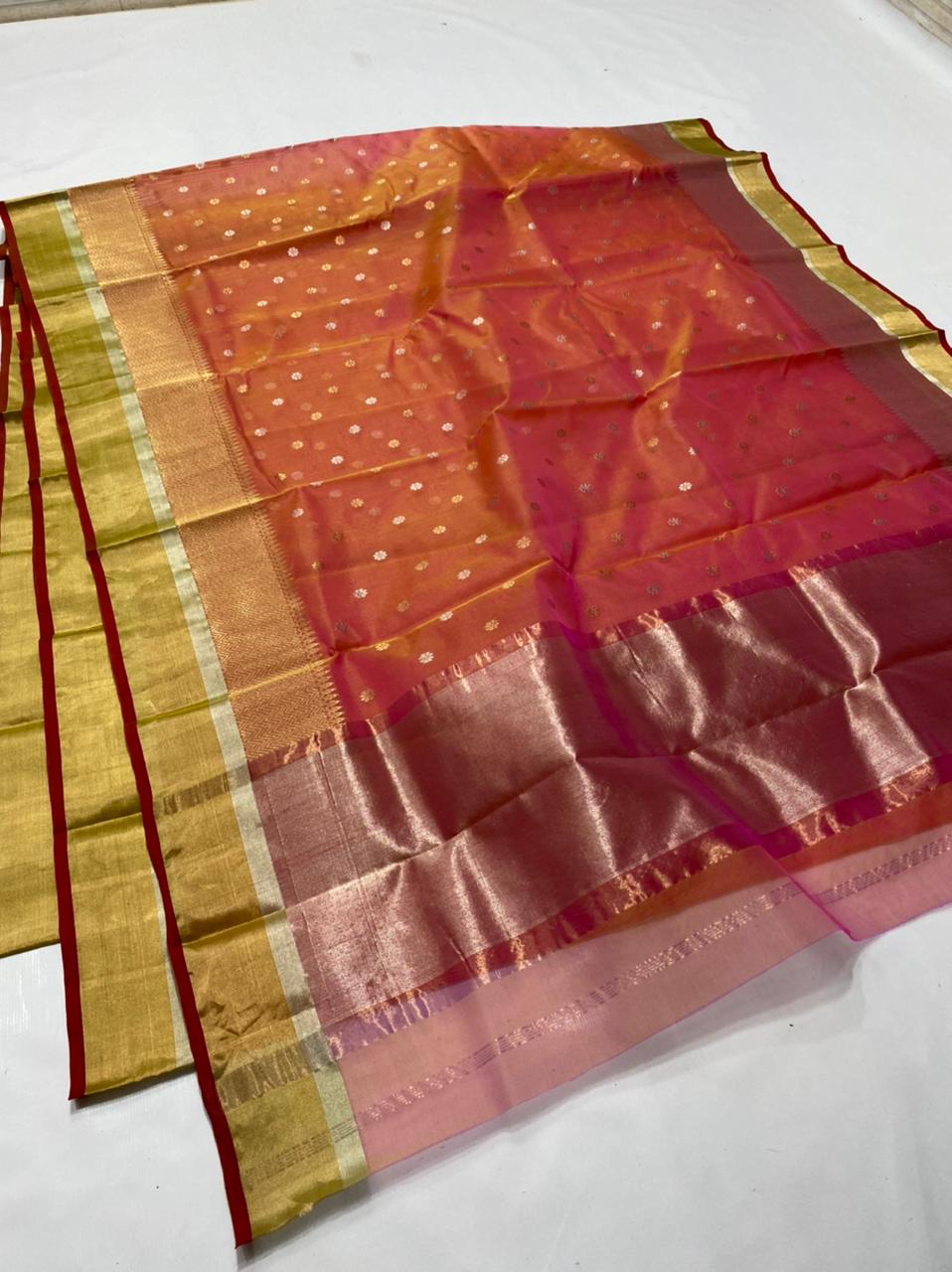Handwoven Paarl Color Organza Chanderi Katan Silk Saree - Authentic Chanderi silk sarees Chanderi Saree