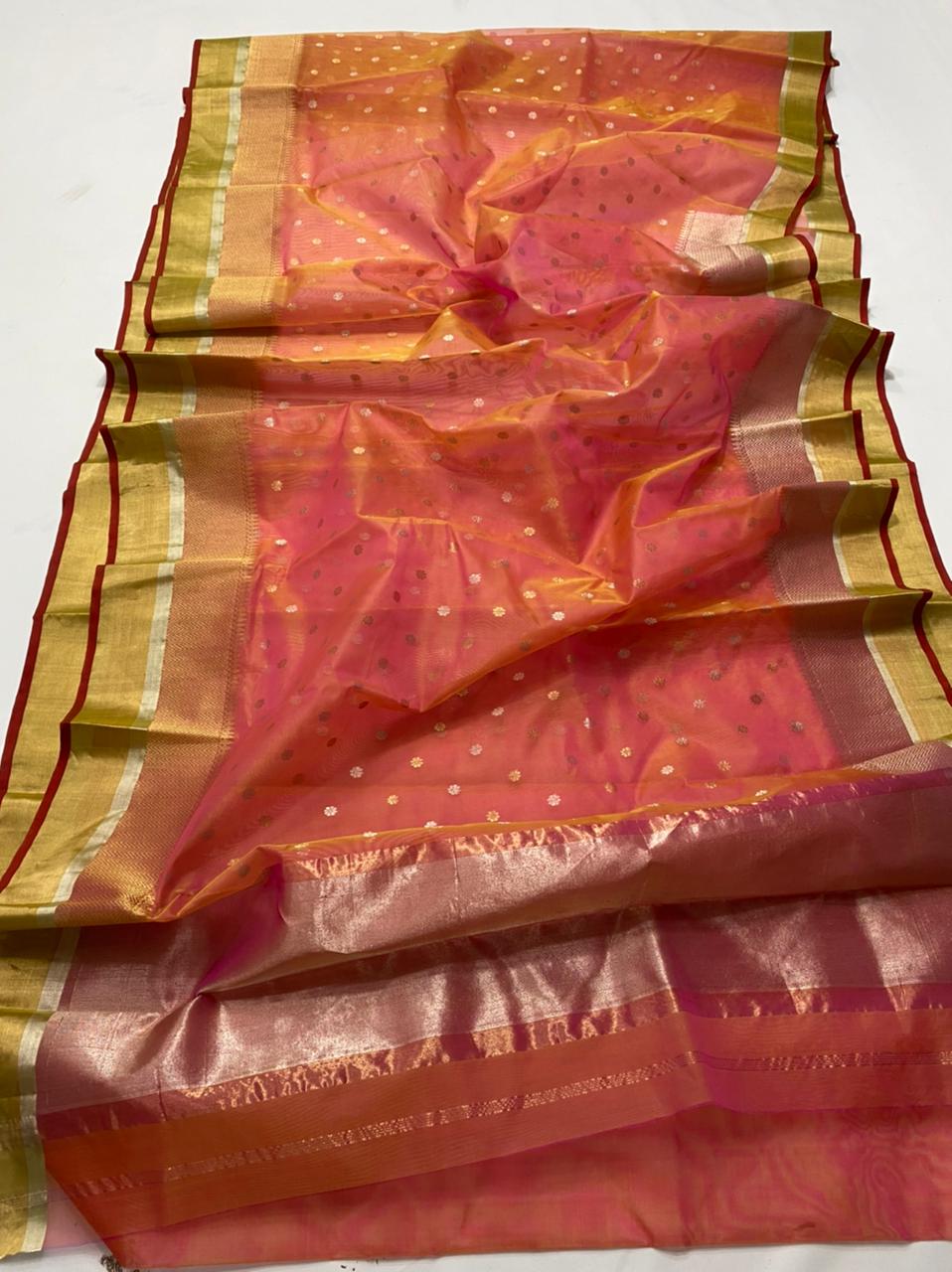 Handwoven Paarl Color Organza Chanderi Katan Silk Saree - Authentic Chanderi silk sarees Chanderi Saree - View 2