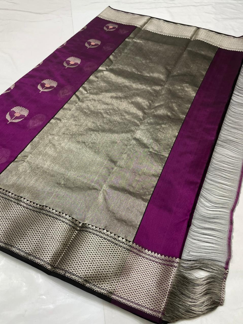 Handwoven Purple Palatinate Purple Color Chanderi Pattu Silk Saree - Authentic Chanderi silk sarees Chanderi Saree