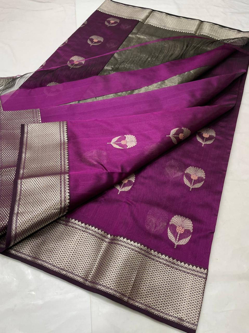 Handwoven Purple Palatinate Purple Color Chanderi Pattu Silk Saree - Authentic Chanderi silk sarees Chanderi Saree - View 3