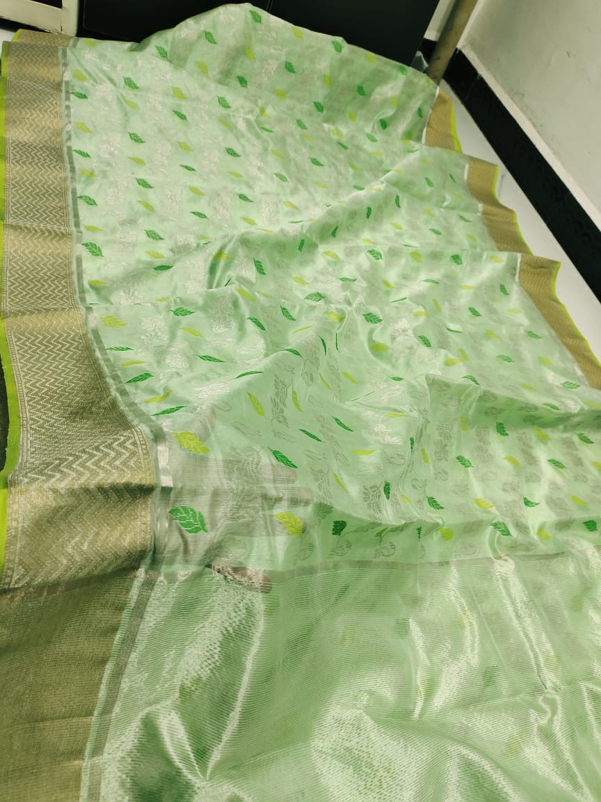 Pastel Mint Green with All Over leaf and Golden Zari Border Chanderi Pattu Silk Saree - Handloom Chanderi Saree