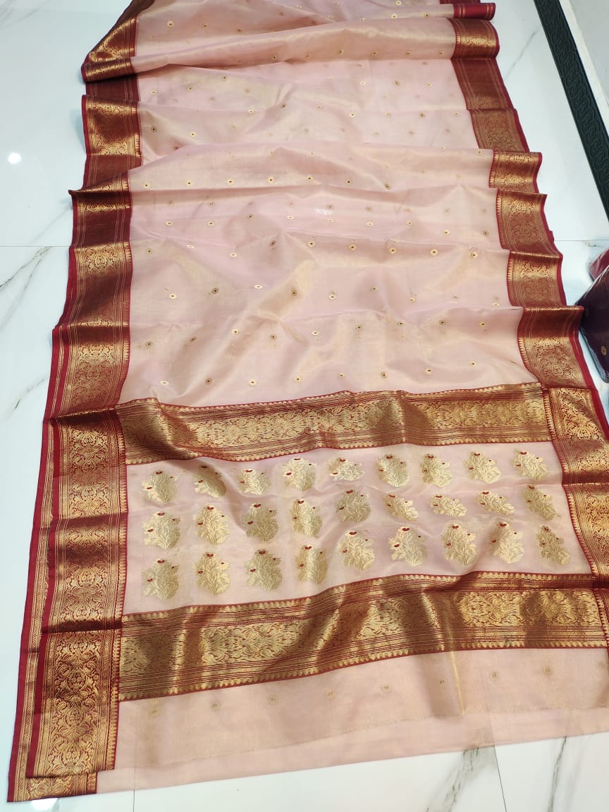 Peach with Maroon Zari Border and Butti Work Chanderi Silk Tissue Saree - Handloom Chanderi Saree