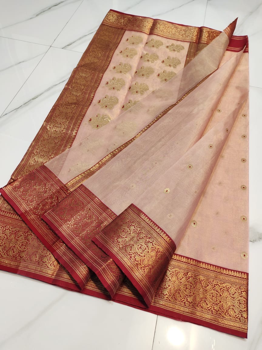 Handwoven Maroon Peach with Maroon Zari Border and Butti Work Chanderi Silk Tissue Saree - Authentic Tissue Chanderi Saree - View 3