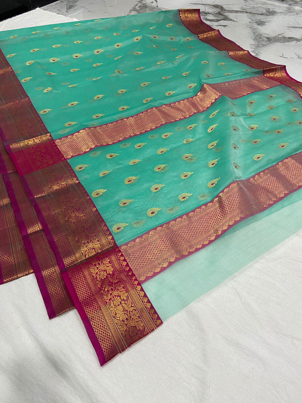 Handwoven Pearl Mystic Turquoise Color Organza Chanderi Katan Silk Saree - Authentic Chanderi silk sarees Chanderi Saree - View 1
