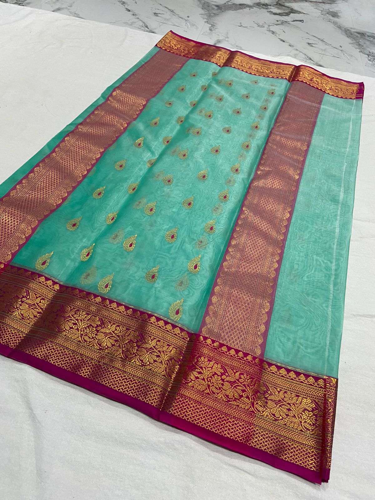 Handwoven Pearl Mystic Turquoise Color Organza Chanderi Katan Silk Saree - Authentic Chanderi silk sarees Chanderi Saree - View 2