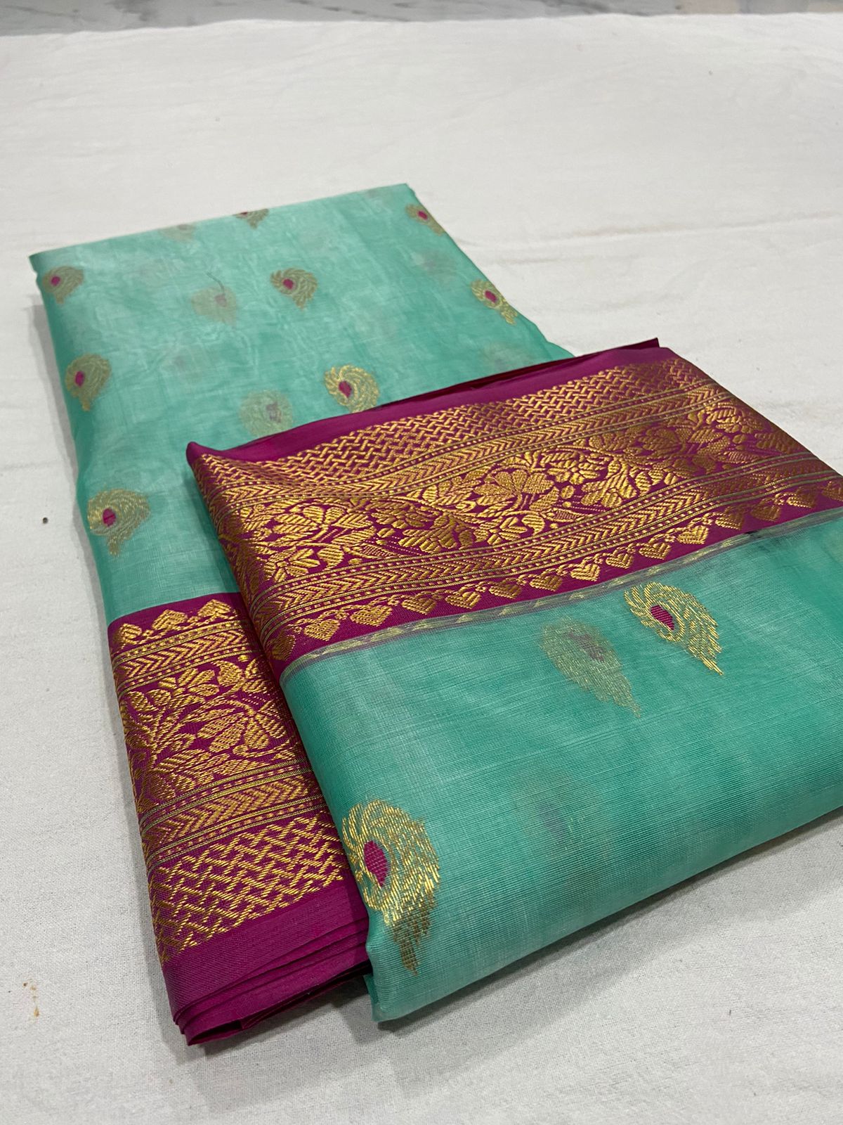 Handwoven Pearl Mystic Turquoise Color Organza Chanderi Katan Silk Saree - Authentic Chanderi silk sarees Chanderi Saree - View 3