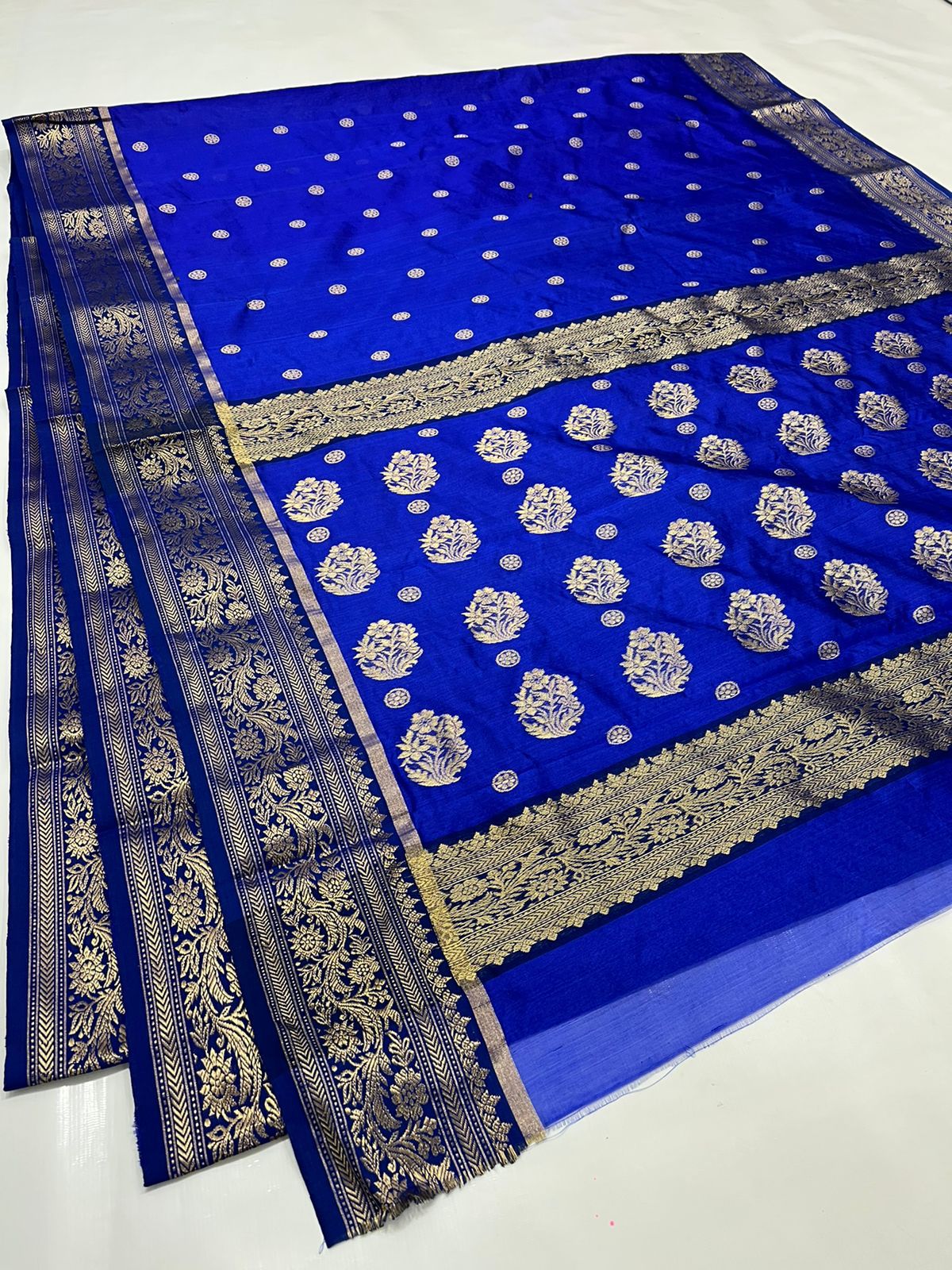 Handwoven Blue Persian Blue Color Chanderi Pattu Silk Saree - Authentic Chanderi silk sarees Chanderi Saree - View 1