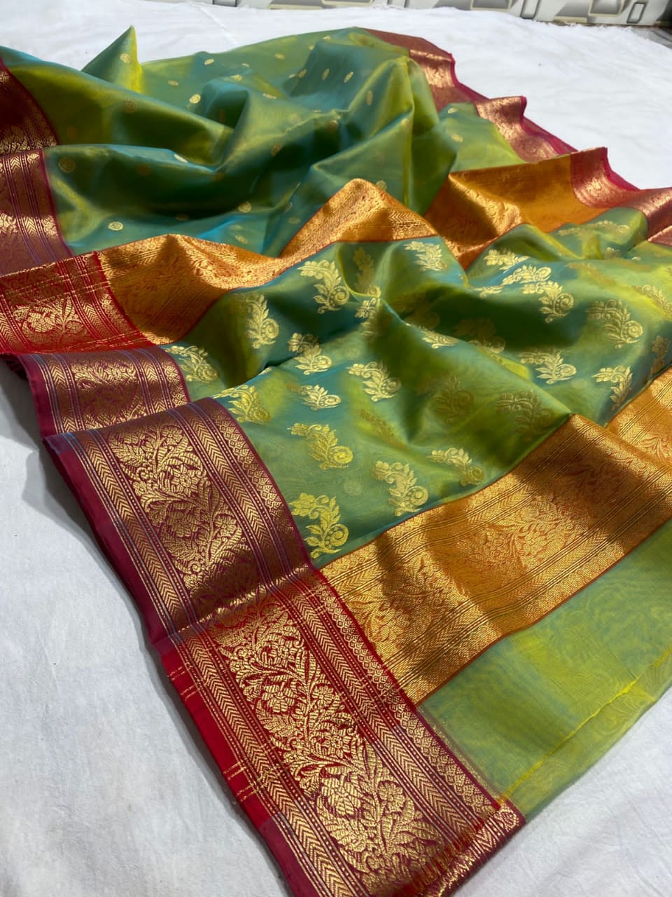 Handwoven Pesto Color Organza Chanderi Katan Silk Saree - Authentic Chanderi silk sarees Chanderi Saree