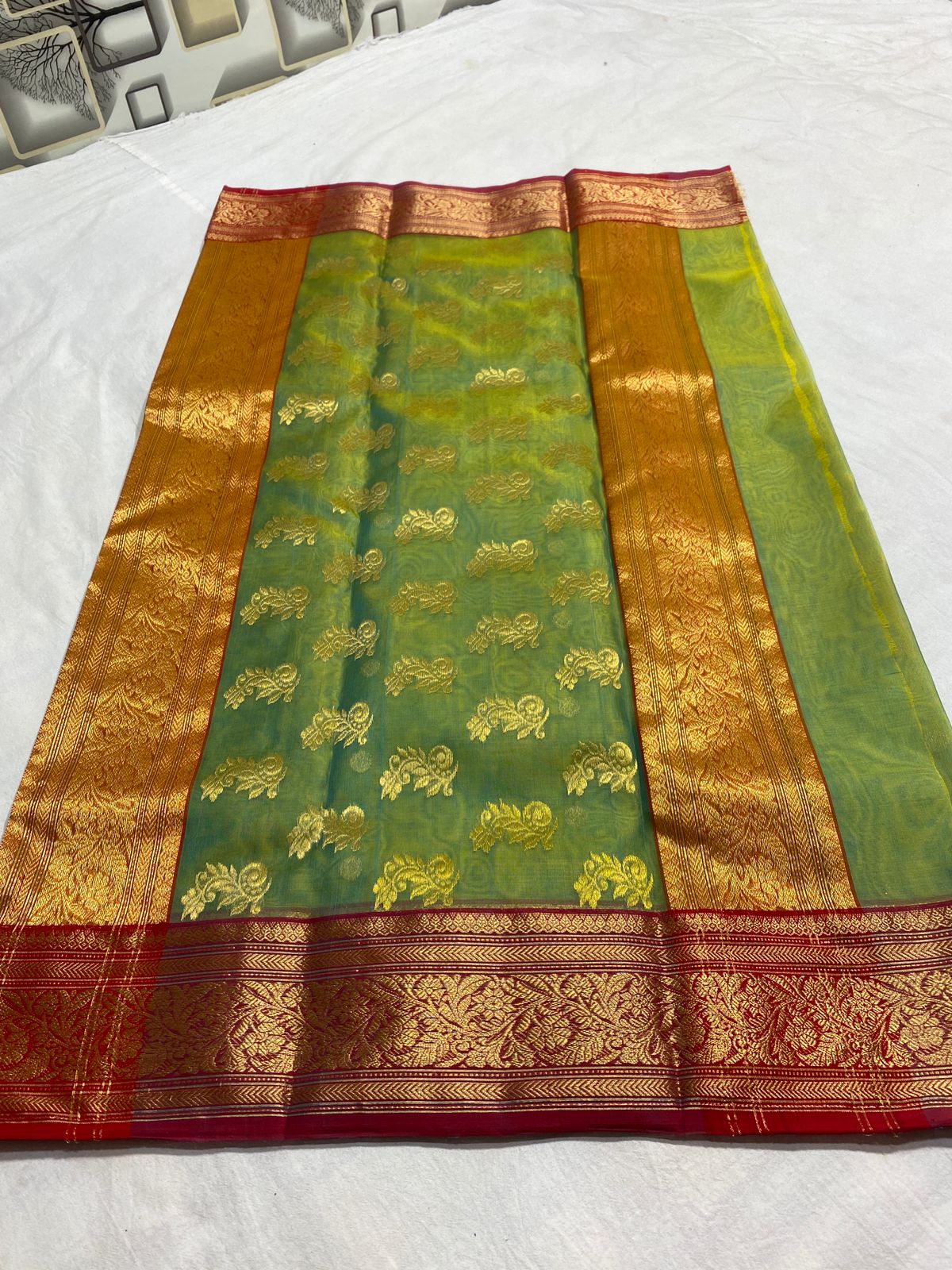 Handwoven Pesto Color Organza Chanderi Katan Silk Saree - Authentic Chanderi silk sarees Chanderi Saree - View 2