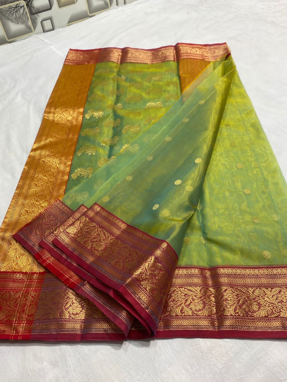 Handwoven Pesto Color Organza Chanderi Katan Silk Saree - Authentic Chanderi silk sarees Chanderi Saree - View 3