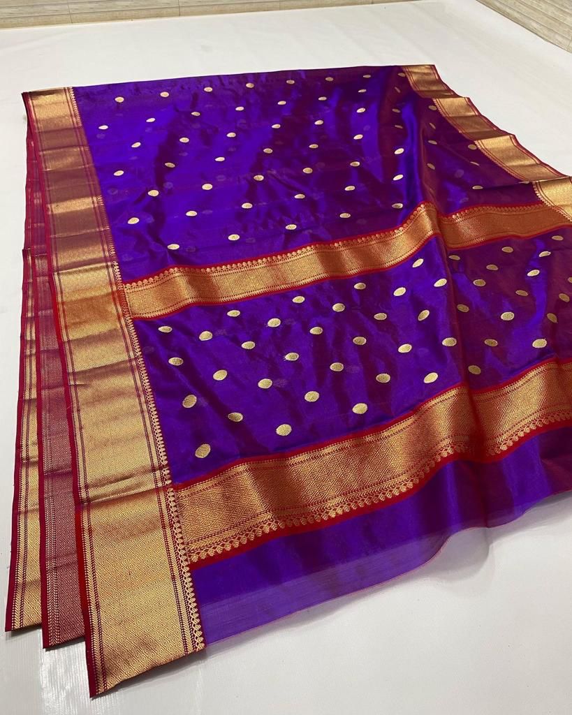 Handwoven Pigment Indigo Color Chanderi Pattu Silk Saree - Authentic Chanderi silk sarees Chanderi Saree - View 1