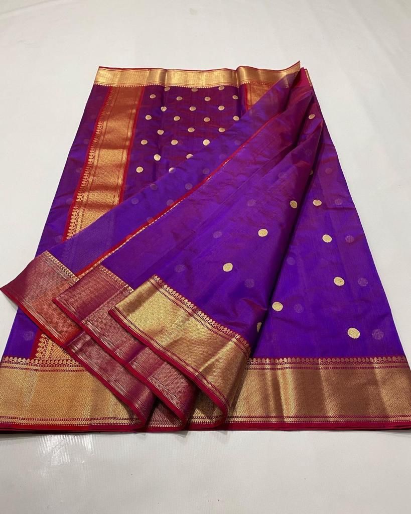 Handwoven Pigment Indigo Color Chanderi Pattu Silk Saree - Authentic Chanderi silk sarees Chanderi Saree - View 3