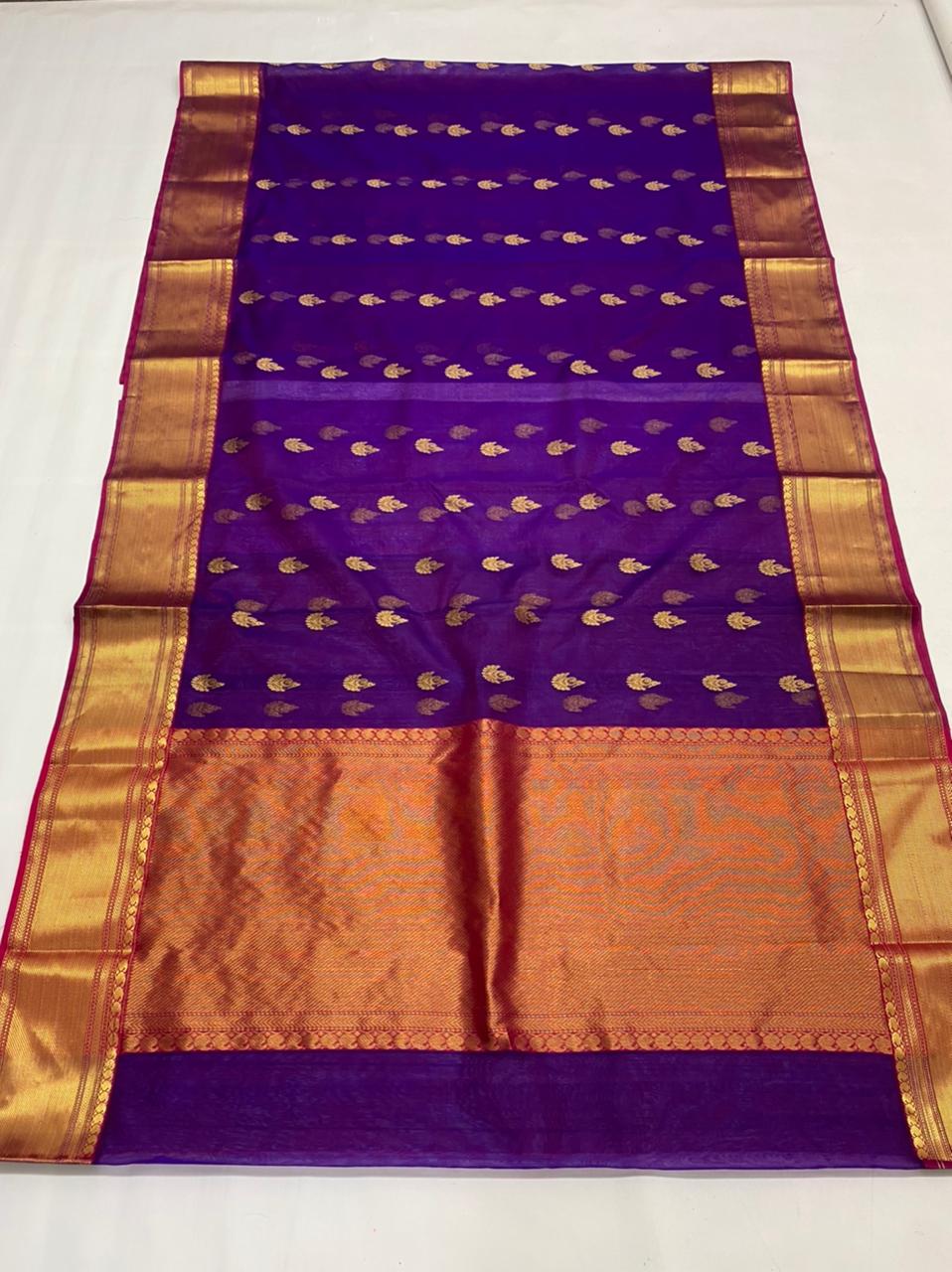 Handwoven Pigment Indigo Color Organza Chanderi Katan Silk Saree - Authentic Chanderi silk sarees Chanderi Saree