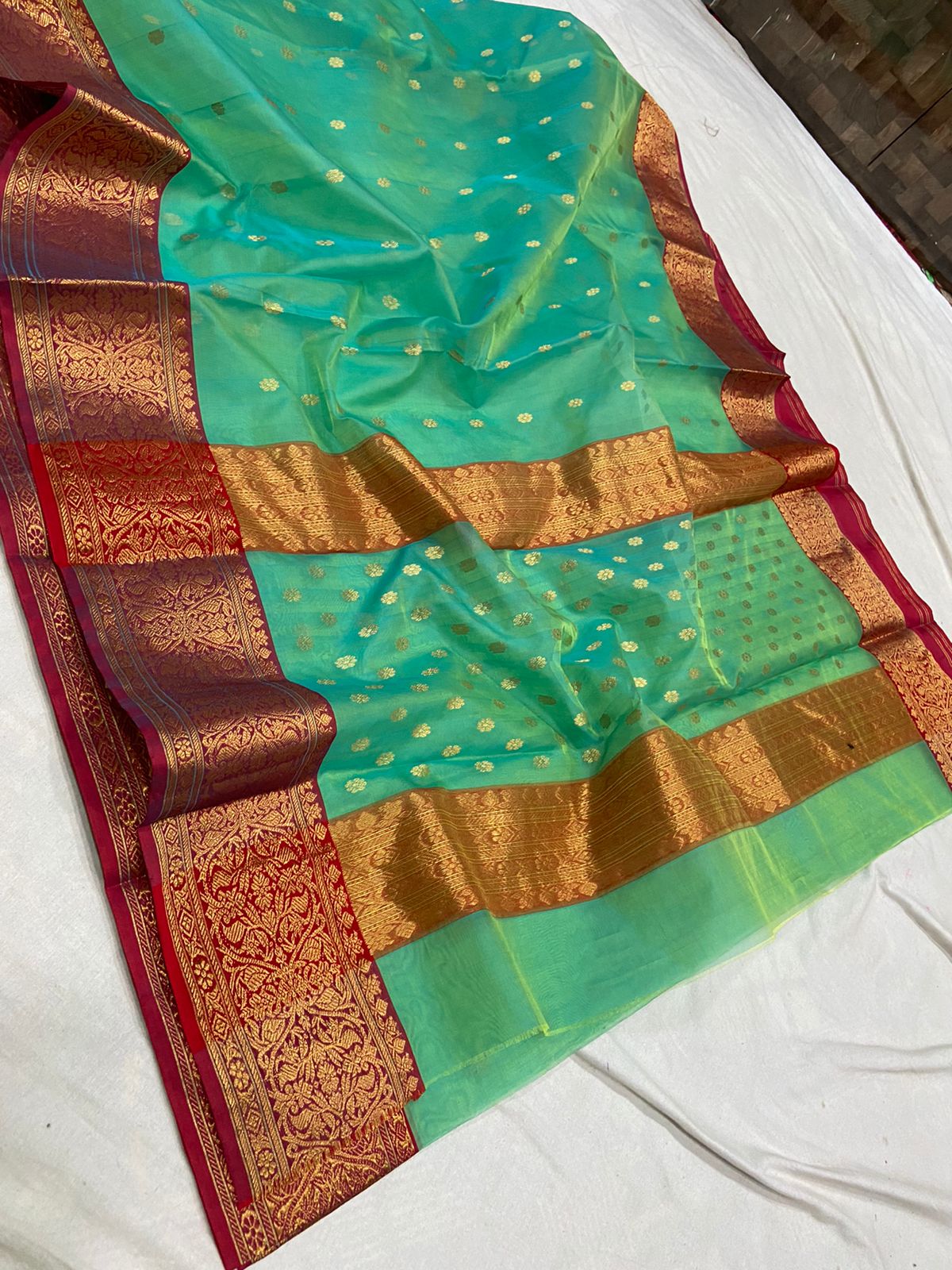 Handwoven Pine Color Organza Chanderi Katan Silk Saree - Authentic Chanderi silk sarees Chanderi Saree - View 2