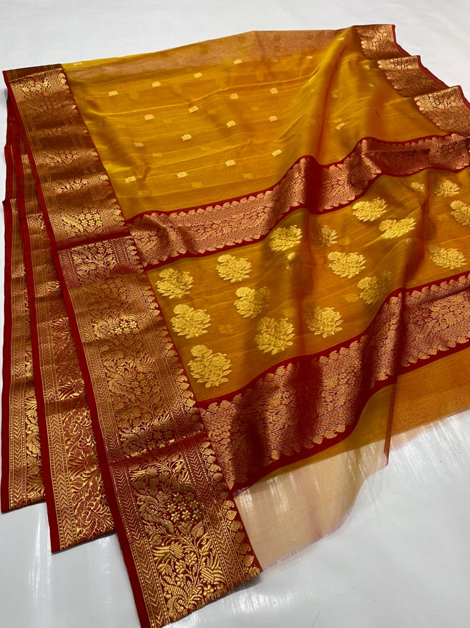 Handwoven Gold Pirate Gold Color Organza Chanderi Katan Silk Saree - Authentic Chanderi silk sarees Chanderi Saree - View 1